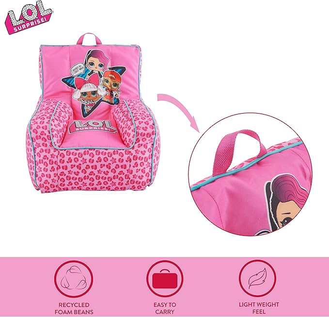 Idea Nuova LOL Surprise Kids Nylon Bean Bag Chair with Piping & Top Carry Handle, Large