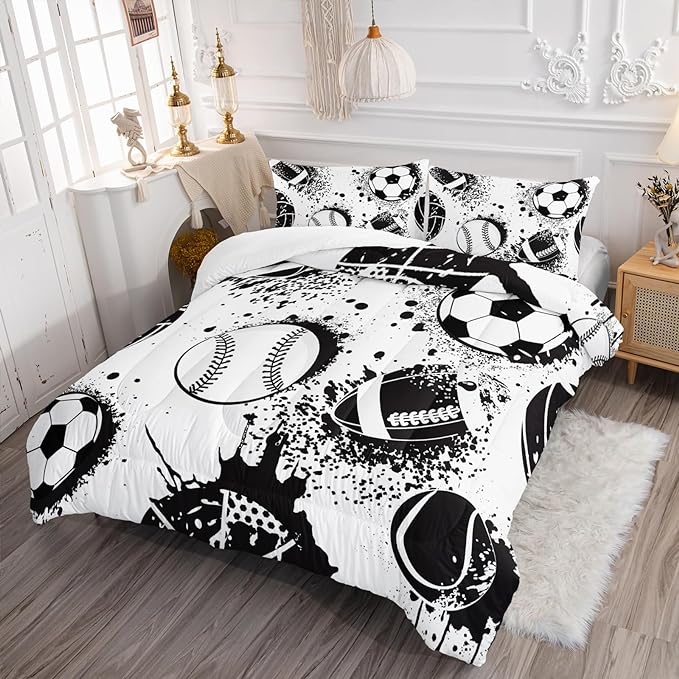 Axolotl Ball Sports Comforter Set Queen,Football Soccer Bedding Set,Football Baseball Game Comforter Set,Baseball Comforter Set,Hip Hop Graffiti Artwork Bedding For Boys Kids Men,1 Quilt 2 Pillowcases