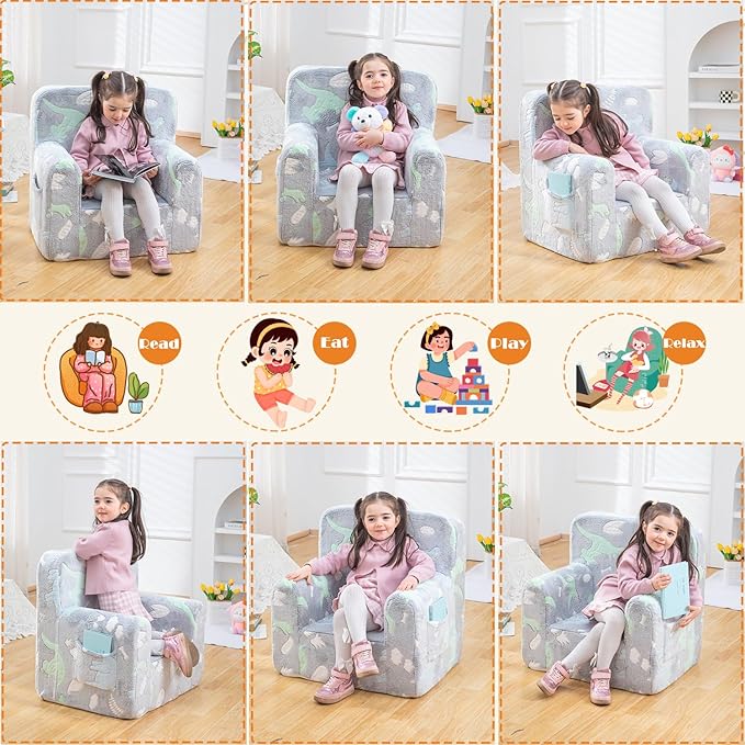 Snuggly-Soft Cuddly Toddler Plush Armchair for Boys and Girls Glowing Grey Fuzzy Plush Kids Sofa Couch Reading Chair with Children Friendly Handle for Easy Movement & Double Pockets for Storage