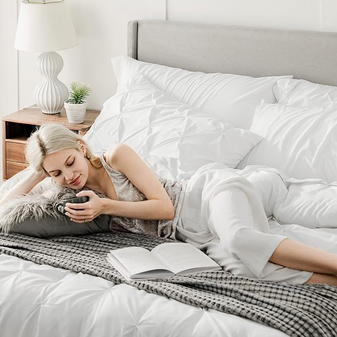 Bedsure White King Size Comforter Set - Bedding Set King 7 Pieces, Pintuck Bed in a Bag White Bed Set with Comforter, Sheets, Pillowcases & Shams