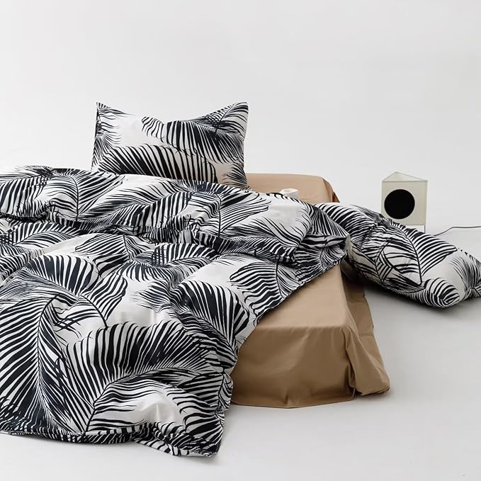 Comforter Set, Full Size, Black Leaves, Modern Boho, 3PCs, All Seasons, Cotton, Breathable, Durable, Ideal Gift, Unisex, Botanical, Lightweight, Warm, Washes Cold, Low Dry