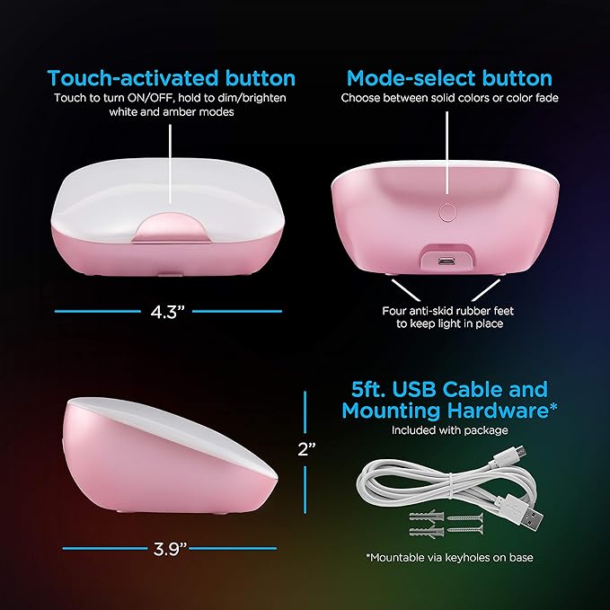 ENBRIGHTEN Night Light LED Table Lamp, Touch Sensor, Color Changing RGB, Wireless, Battery Operated, SleepLite, Sleep Friendly, Dimmable, Bedroom, Living Room, Office, Desk, Rose Gold, 47413