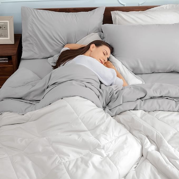 Bedsure Ivory Queen Comforter Set - 7 Pieces Reversible Queen Bed in a Bag, Queen Bed Set Ivory and Grey with Comforters, Sheets, Pillowcases & Shams