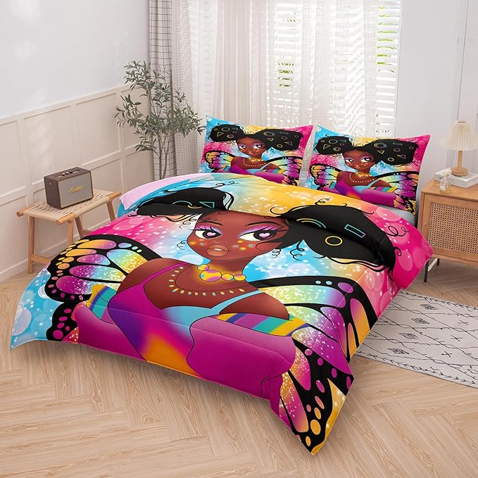 Tailor Shop Fantasy Black Girl Comforter Set Rainbow Butterfly Twin Size Bedding Sets for Girls Kids Kawaii Magic African American Black Girl Bedding Set with 1 Pillowcase Girls Room Decor
