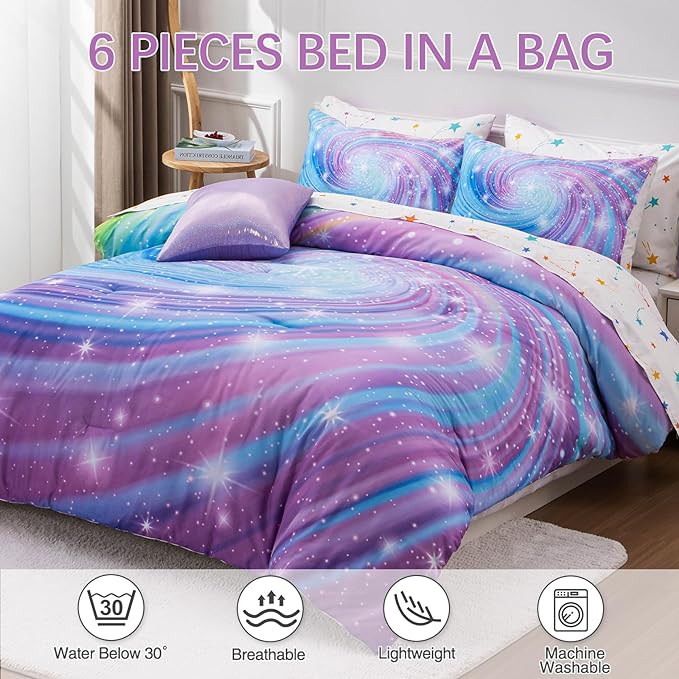 Btargot Super Soft 6 Pieces Gradient Star Ring Comforter Set, Colorful Glitter Rainbow Star Pattern Bedding Set for Boys Girls Teens, Full Purple