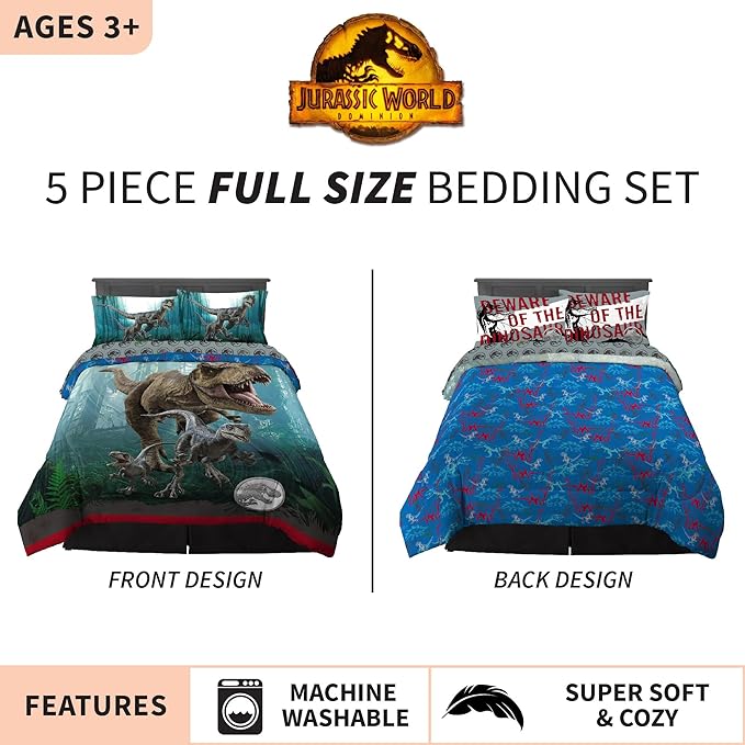Franco Kids Bedding Super Soft Comforter and Sheet Set, 5 Piece Full Size, Jurassic World Dominion