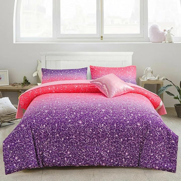 A Nice Night Girls Comforter Set Full 6 Piece Bed in A Bag 3D Colorful Sparkle Galaxy Rainbow Bedding Comforter Sheet Sets for Kids,RedPurple
