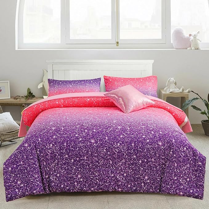 A Nice Night Girls Comforter Set Full 6 Piece Bed in A Bag 3D Colorful Sparkle Galaxy Rainbow Bedding Comforter Sheet Sets for Kids,RedPurple