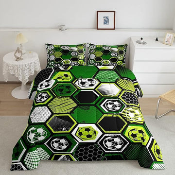 Erosebridal Boys Football Comforter Set Full Soccer Sports Bedding Set Twin for Kids Teen,Geometric Honeycomb Down Comforter Hexagon Beehive Quilt Duvet Duvet Insert Green Black White 2 Pillow Cases