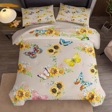 Tailor Shop Sunflower Comforter Sets Full Size,Sunflower Bedding Sets for Teens Kids Butterflies Comforter Sets,Butterfly Bedding Sets Vintage Yellow Flowers Bedding Sets with 2 Pillowcases