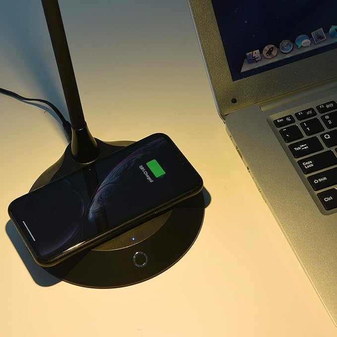 DAC Desk Lamp Wireless Charger – for iPhone 11, X, 8, Galaxy S20, S10, S9, S8, S7 and All Qi-Enabled Devices - 3 Brightness Levels - Flexible Gooseneck LED Lamp - Desk Light for Office – Black
