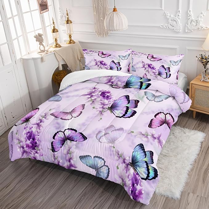 Purple Lavender Butterfly Comforter Set for Girl Kid Adult Colorful Butterfly Pattern Bedding Set Aesthetics Butterflies Quilt Bed Set Full Size with 1 Comforter and 2 Pillowcases