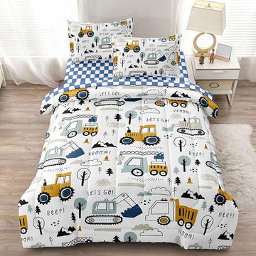 5-Pcs Construction Full Size Boys Bedding Set, Kids Comforter Set for Teens w/Sheets and Pillowcase, Soft Cartoon Tractor Cars Bed in a Bag Sets