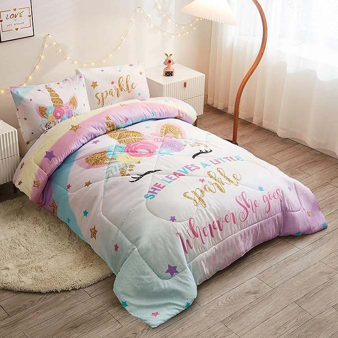 Twin Size Comforter Set for Girls, 3-Piece Bed in a Bag, 3D Colorful Unicorn Bedding Comforter Sheet Set, Ultra Soft and Fluffy, Pink & Rainbow Color