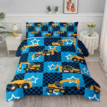 Axolotl Excavator Comforter Set Full Size,Blue Plaid Comforter Set with Star,Excavator Bedding Set for Kids Boys Teens,Construction Vehicle Comforter Set for Boys,1 Quilt 2 Pillowcases