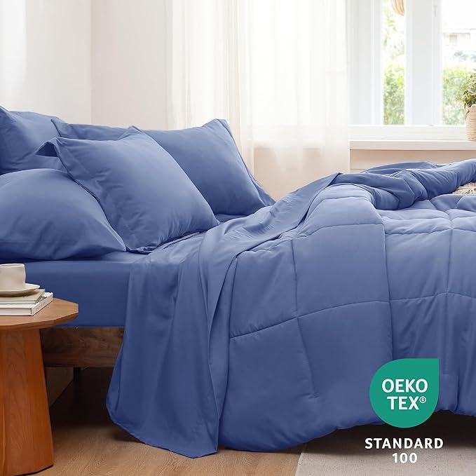 Bedsure Infinity Blue King Size Comforter Set - 7 Pieces Solid King Bed in a Bag, King Bed Set Infinity Blue with Comforters, Sheets, Pillowcases & Shams