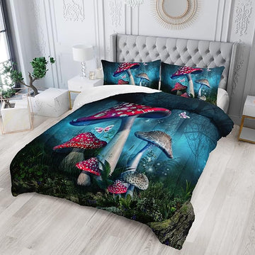 Red Mushroom Kawaii Comforter Set Queen Size Kids Mushroom Butterfly Bedding Set Botanical Plant Theme Print Quilt Bed Set for Boys Girls Adults with 1 Comforter and 2 Pillowcases