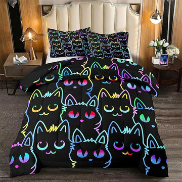 Cats Full Size Comforter Set for Girls - Cartoon Cats Bedding Set for Girls Room Lovely Cats Pattern Girls Bedding Set Soft Breathable Cats Comforter with 2 Pillowcases for All-Season