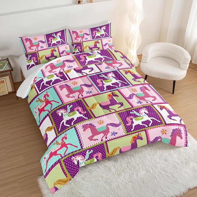 HOSIMA 3Pcs Kawaii Kids Horse Queen Comforter Set with 2 Pillowcases,Colorful Dots Style Comforter for Adults Teens Princess Toddler Bedding Sets Queen,Horse Pony Comforter Set.