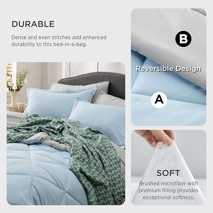 Bedsure Sky Blue Twin XL Comforter Set - 5 Pieces Reversible Twin XL Bed in a Bag Twin XL Bed Set with Comforters, Sheets, Pillowcase & Sham, Twin XL Bedding Sets