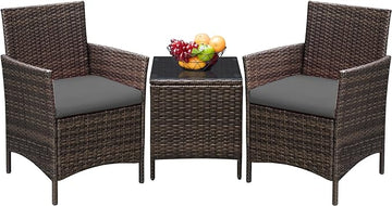 Greesum 3 Pieces Patio Furniture Sets Outdoor PE Rattan Wicker Chairs with Soft Cushion and Glass Coffee Table for Garden Backyard Porch Poolside, Brown and Gray
