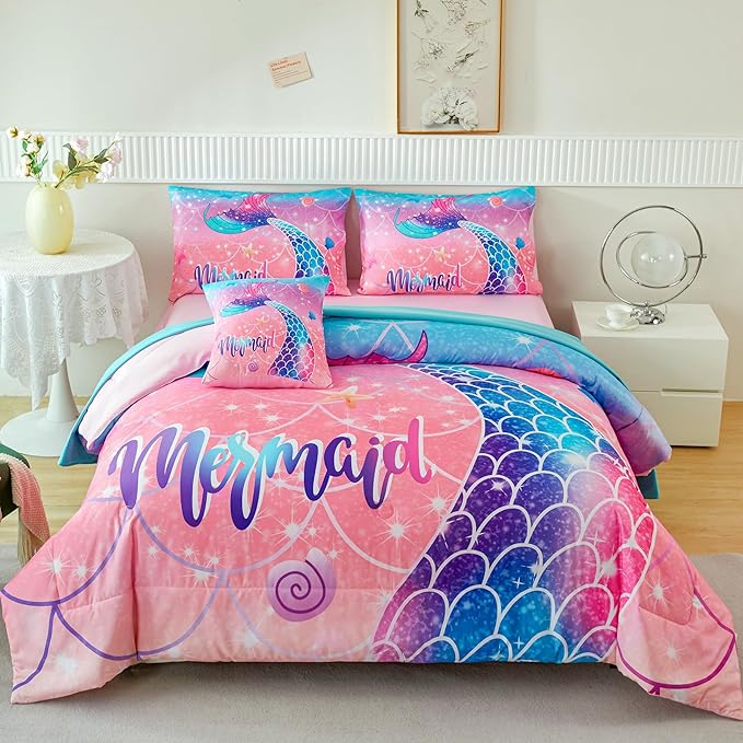 RYNGHIPY Mermaid Kids Girls Comforter Set Twin Size Pink Blue Gradient Fish Tail Bed in a Bag - includes Comforter & Sheet Set for Teens Girls Super Soft Kids Bedding