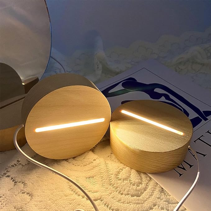 2Pcs 4" Round Wood LED Display Base, Warm Color Wooden Lighted Base Stand for Crystal Glass Resin Art, Acrylic and Plexiglass