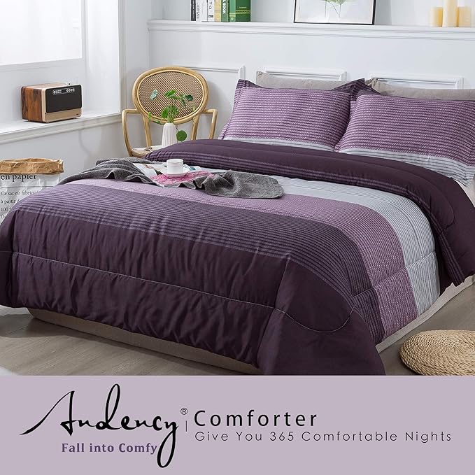 Andency Stripe Comforter Set Full Size (79x90 Inch), 3 Pieces Purple and Gray Patchwork Striped Comforter, Soft Microfiber Down Alternative Comforter Bedding Set with Corner Loops