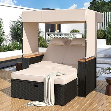 Outdoor Patio Conversation Set, 2-Piece Patio Bench Rattan Roof Set, Effective UV Protection Fabric & Waterproof Cushions and Adjustable Backrest for Garden, Backyard and Porch