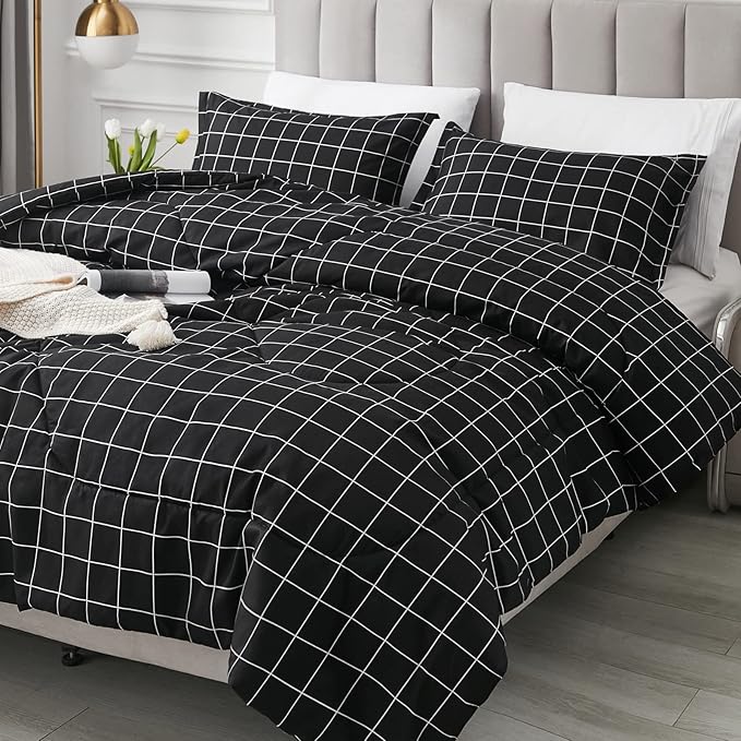 Andency Black Grid Comforter Set Twin Size (66x90 Inch), 2 Pieces(1 Grid Comforter and 1 Pillowcase), Summer Lightweight Microfiber Down Alternative Black Comforter with White Lines for Kids Girls