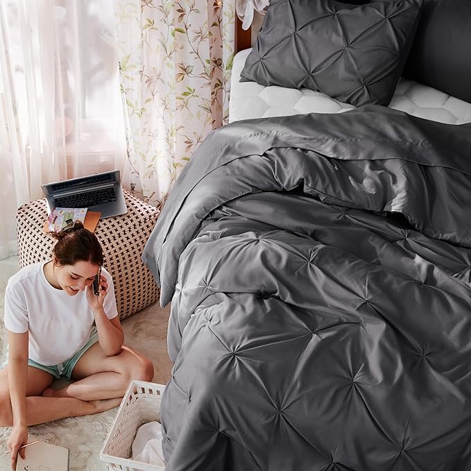 Bedsure Twin XL Comforter Set for Boys - Extra Long 5 Pieces Dorm Bedding Sets, Pinch Pleat Dark Grey Bed in a Bag with Comforter, Sheets, Pillowcase & Sham
