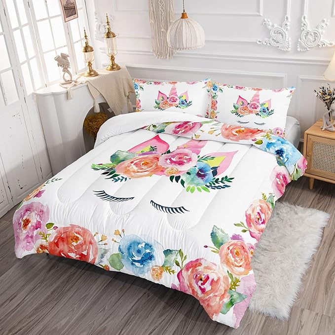 Datura home Unicorn Floral Watercolor Flower Comforter Bedding Set for Girls Teens Adults,Colorful Lovely Roses Blooms Print Design Unicorn Bedding Set(Unicorn Queen)