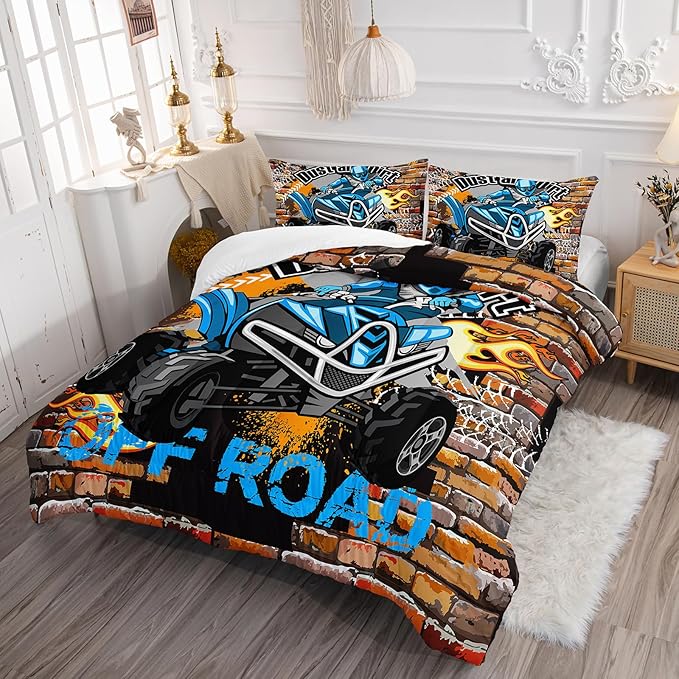 Axolotl Quad Bike Bedding Set Full,Dirt Bike Comforter Set,Extreme Sports Bedding Set,Sports Theme Comforter Set,Tractor Truck Bedding,Motorcycle Comforter for Kids Boys Teens,1 Quilt 2 Pillowcases