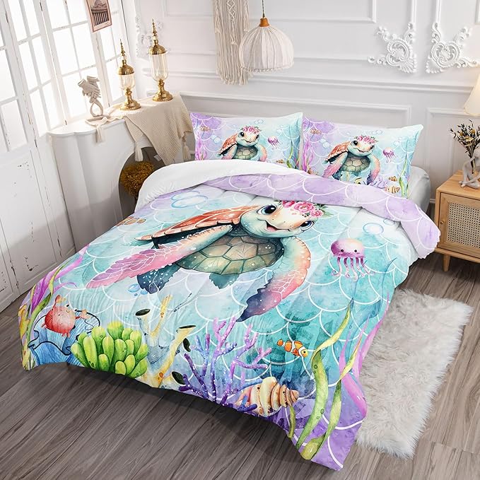 Datura home Kids Comforter Set Mermaid Scale Turtle Printed Pattern Bedding Set with 1 Comforter and 2 Pillowcases for Girls Boys Bedroom All Season(Turtle Queen)