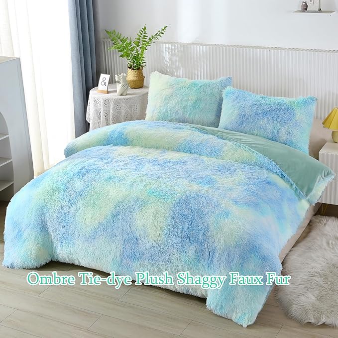 WINLIFE Shaggy Bedding Comforter Set Faux Fur Flannel Furry Comforter Microfiber Long Hair Fluffy Plush Comforter Sets Gradient Ombre Blue Aqua Teal Bedding for Girls Adults (3Pcs, Twin, Mint Green)