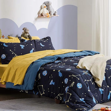 SLEEP ZONE Kids Twin Bedding Comforter Set - Super Cute & Soft Kids Bedding 5 Pieces Set with Comforter, Sheet, Pillowcase & Sham (Navy Galaxy)