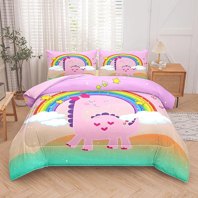 ailor Shop Pink Dinosaur Bedding Set Twin Size,Dinosaur Comforter Set for Girls,Cartoon Rainbow Dino Comforter Sets for Kids Teens，with 1 Comforter 1 Pillowcase…