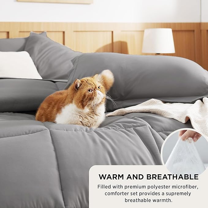 Bedsure Twin Comforter Set - 5 Pieces Solid Twin Bed in a Bag, Twin Bed Set Grey with Quilted Warm Fluffy Comforters, Sheets, Pillowcase & Sham