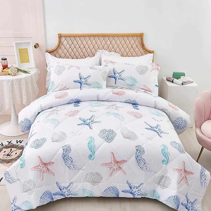 JSD Beach Theme 2 Piece Twin Kids Comforter Set, Jellyfish Starfish Shell Printed Comforter with Pillow Sham, Soft Comfortable Machine Washable