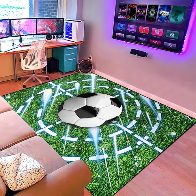 Football Rug for Boys Room - Soccer Rug for Boys Room Football Printed Rug for Kids Room Football Decor for Boys Bedroomsports Ball Doormat for Living Room Bedroom,4'5''×6'