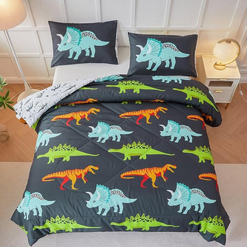 RYNGHIPY Dinosaur Bedding Set Twin Size Dinosaur Kids Comforter Set for Boys Girls Soft Breathable Cute Dinosaur Bed Set for All Season (Black,Twin)