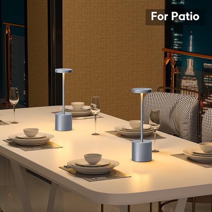 Rechargeable Cordless Table Lamp, 10.25in Small Outdoor Portable Battery Operated Desk Lamps 2 Levels Dimmable Powered Night Light for Dining Restaurant Bar Garden Patio Bedroom Grey
