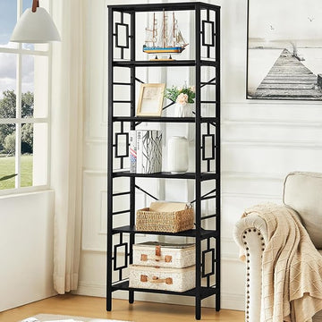 HOMISSUE Tall Bookshelf, Industrial 6-Tier Bookshelf with Unique Design, Open Bookshelves and Bookcases,Black