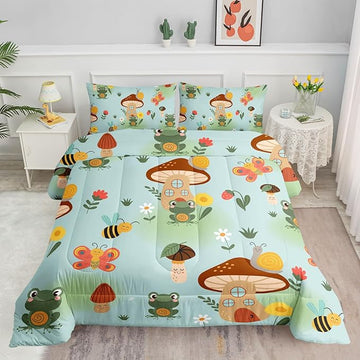 Datura home Cartoon Mushroom House Kids Comforter Bedding Set for Boys Girls, Green Grassland and Cute Frog Bee Print Comforter with 2 Pillowcases(Mushroom House Full)