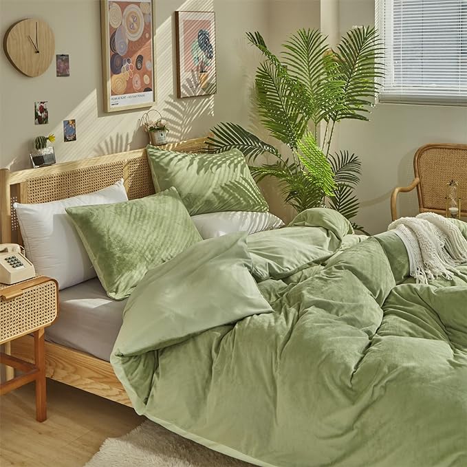 Wellboo Sage Green Velvet Comforter Sets Queen Light Green Fluffy Bedding Solid Color Flannel Quilt Women Men Grass Green Comforters Micromink Sherpa Fuzzy Warm Bed Girls Boys Dorm Plush Bedding Soft