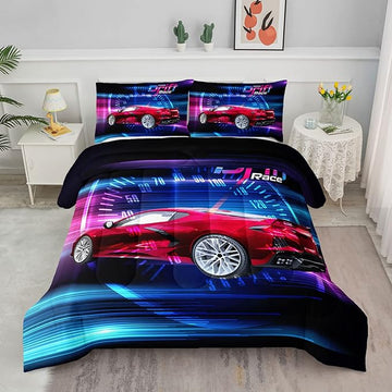 Axolotl Race Car Bedding Set Queen Size,Boys Extreme Sports Comforter Set for Kids Boys Car Racing Gifts,Red Cool Car Comforter Car Sports Quilt Set 1 Comforter Set with 2 Pillowcase Car Racing Gifts