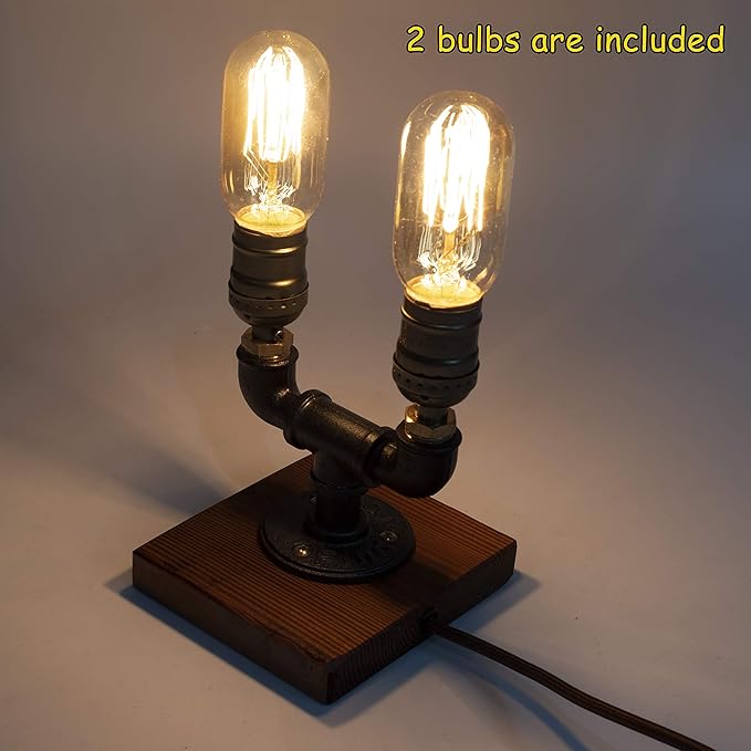 Steampunk Lamp with Dimmer, Dimmable Loft Style Industrial Vintage Antique Style Light with 2 Bulbs, Wood Base with Iron Piping Desk Lamp, Retro Desk Lamp LL-027
