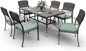 Patio Dining Set for 6, 7 PCS Patio Table & Chair Set, Metal Slatted Table with 2" Umbrella Hole, All-Weather Wicker Patio Dining Furniture with Removable Cushions for Deck, Lawn, Garden(Green)