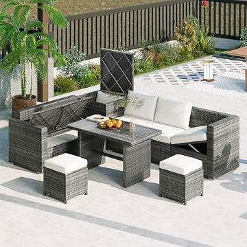 6-Piece Patio Furniture Set, L-Shaped Outdoor PE Wicker Rattan Sectional ConversationSet with Adjustable Seat, Storage Box, Removable Covers and Tempered Glass Top Table, for Backyard