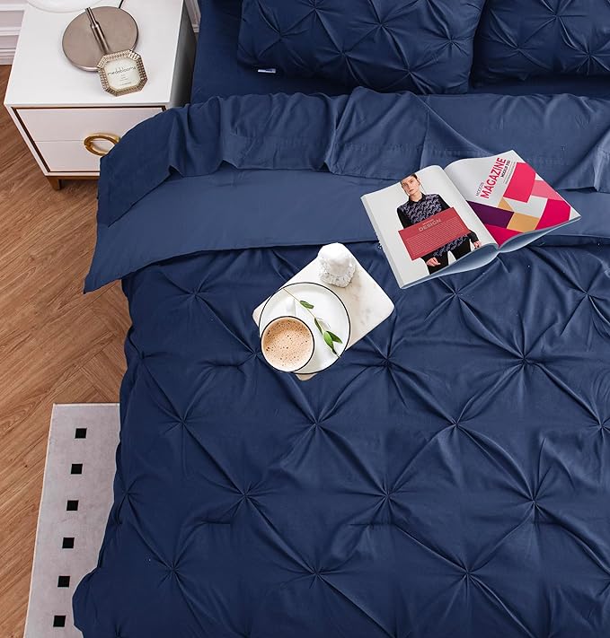 LANE LINEN California King Comforter Set, 7 Piece Cal King Bed in a Bag, Pintuck Cal King Bedding Set, Soft Cali King Bed Set, Cal King Bed Comforter Sets with Sheets, Pillowcases & Shams - Navy Blue